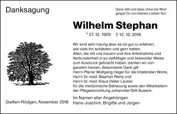 Traueranzeige von Wilhelm Stephan von  Gießener Anzeiger