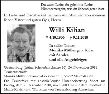 Traueranzeige von Willi Kilian von vrm-trauer