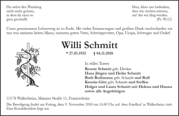 Traueranzeige von Willi Schmitt von vrm-trauer