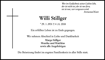 Traueranzeige von Willi Stillger von vrm-trauer
