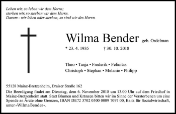 Traueranzeige von Wilma Bender von vrm-trauer