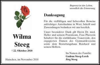 Traueranzeige von Wilma Steeg von  Kreisanzeiger