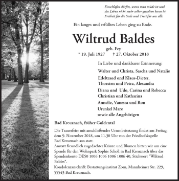 Traueranzeige von Wiltrud Baldes von vrm-trauer