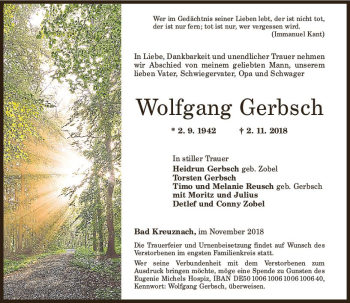Traueranzeige von Wolfgang Gerbsch von vrm-trauer