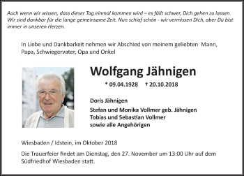 Traueranzeige von Wolfgang Jähnigen von vrm-trauer