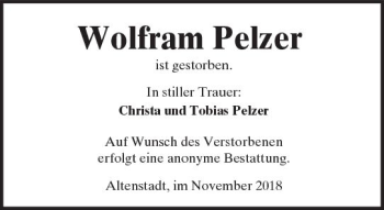 Traueranzeige von Wolfram Pelzer von  Kreisanzeiger