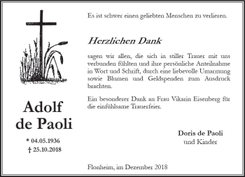 Traueranzeige von Adolf de Paoli von vrm-trauer