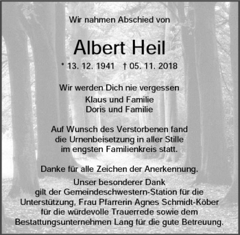 Traueranzeige von Albert Heil von  WT - Weilburger Tageblatt ()