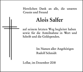 Traueranzeige von Alois Salfer von  Gießener Anzeiger