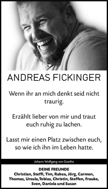 Traueranzeige von Andreas Fickinger von vrm-trauer