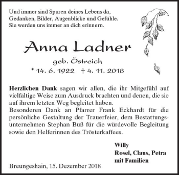 Traueranzeige von Anna Ladner von  Kreisanzeiger