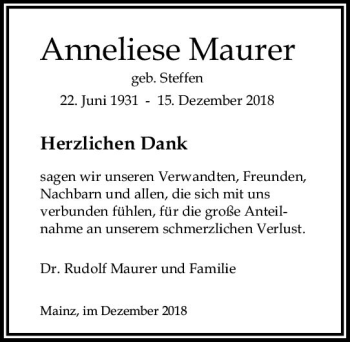 Traueranzeige von Anneliese Maurer von vrm-trauer