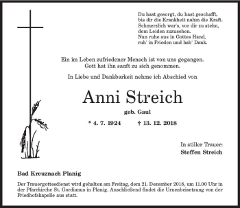 Traueranzeige von Anni Streich von vrm-trauer