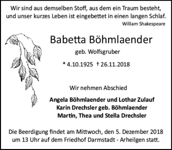 Traueranzeige von Babetta Böhmlaender von vrm-trauer