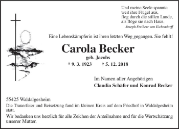 Traueranzeige von Carola Becker von vrm-trauer