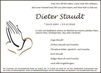 Traueranzeige von Dieter Staudt von vrm-trauer