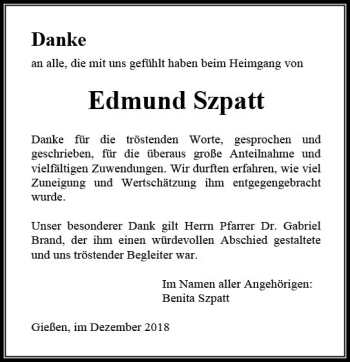 Traueranzeige von Edmund Szpatt von  Gießener Anzeiger