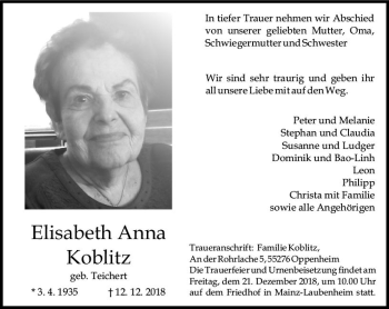 Traueranzeige von Elisabeth Anna von vrm-trauer