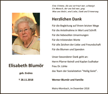 Traueranzeige von Elisabeth Blumör von vrm-trauer