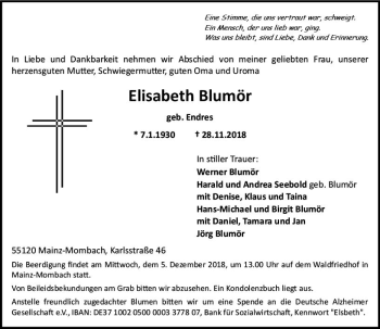 Traueranzeige von Elisabeth Blumör von vrm-trauer