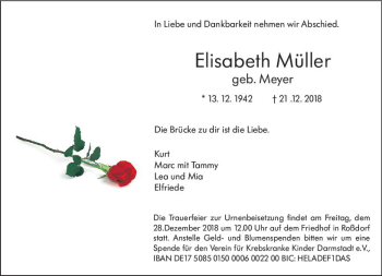 Traueranzeige von Elisabeth Müller von vrm-trauer