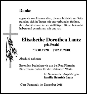 Traueranzeige von Elisabethe Dorothea Lautz von vrm-trauer