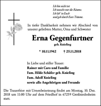 Traueranzeige von Erna Gegenfurtner von vrm-trauer