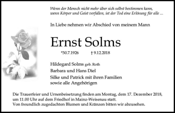 Traueranzeige von Ernst Solms von vrm-trauer