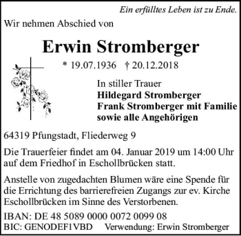 Traueranzeige von Erwin Stromberger von vrm-trauer