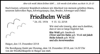Traueranzeige von Friedhelien Weiß von  Dill Block ()