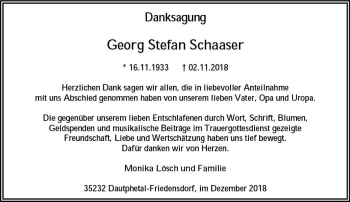 Traueranzeige von Georg Stefan Schaaser von  HA - Hinterländer Anzeiger ()