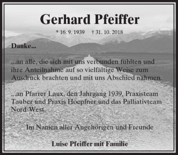 Traueranzeige von Gerhard Pfeiffer von  Usinger Anzeiger