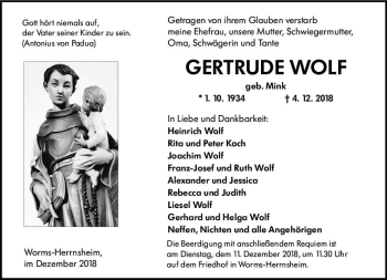 Traueranzeige von Gertrude Wolf von vrm-trauer
