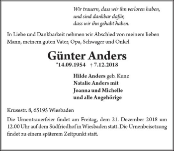 Traueranzeige von Günter Anders von vrm-trauer