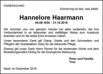 Traueranzeige von Hannelore Haarmann von vrm-trauer