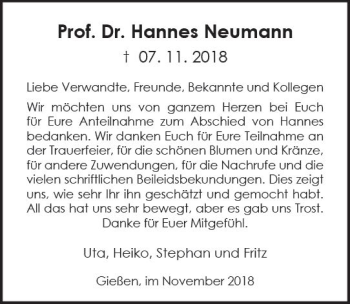 Traueranzeige von Hannes Neumann von  Gießener Anzeiger