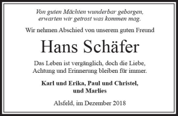 Traueranzeige von Hans Schäfer von VRM Trauer