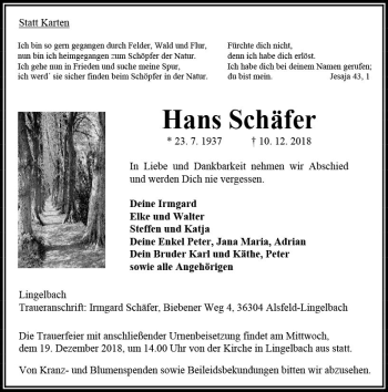 Traueranzeige von Hans Schäfer von VRM Trauer