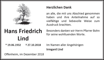 Traueranzeige von Hans Friedrich Lind von vrm-trauer