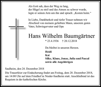 Traueranzeige von Hans Wilhelm Baumgärtner von vrm-trauer