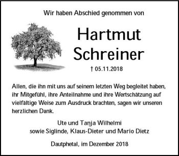 Traueranzeige von Hartmut Schreiner von  HA - Hinterländer Anzeiger ()