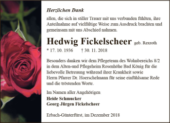 Traueranzeige von Hedwig Fickelscheer von vrm-trauer