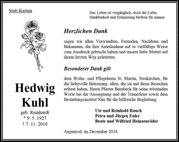 Traueranzeige von Hedwig Kuhl von VRM Trauer