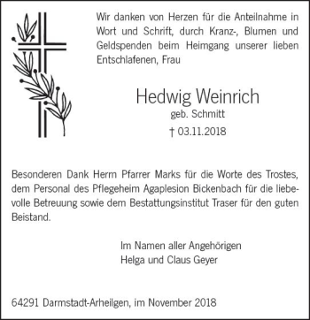 Traueranzeige von Hedwig Weinrich von vrm-trauer