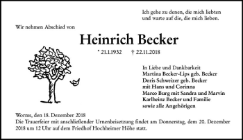 Traueranzeige von Heinrich Becker von vrm-trauer