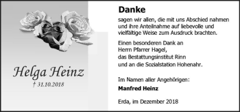 Traueranzeige von Helga Heinz von  WNZ - Wetzlarer Neue Zeitung ()