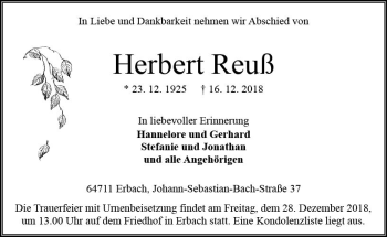 Traueranzeige von Herbert Reuß von vrm-trauer