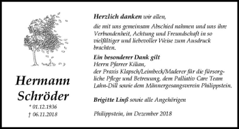 Traueranzeige von Hermann Schröder von  WT - Weilburger Tageblatt ()