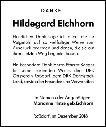 Traueranzeige von Hildegard Eichhorn von vrm-trauer