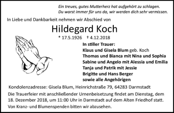 Traueranzeige von Hildegard Koch von vrm-trauer